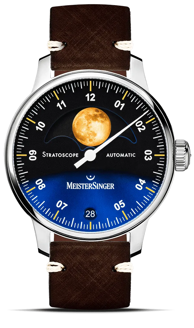 meistersinger-stratoscope-sonnenschliff-blau-mit-gold-einzeigeruhr image 1
