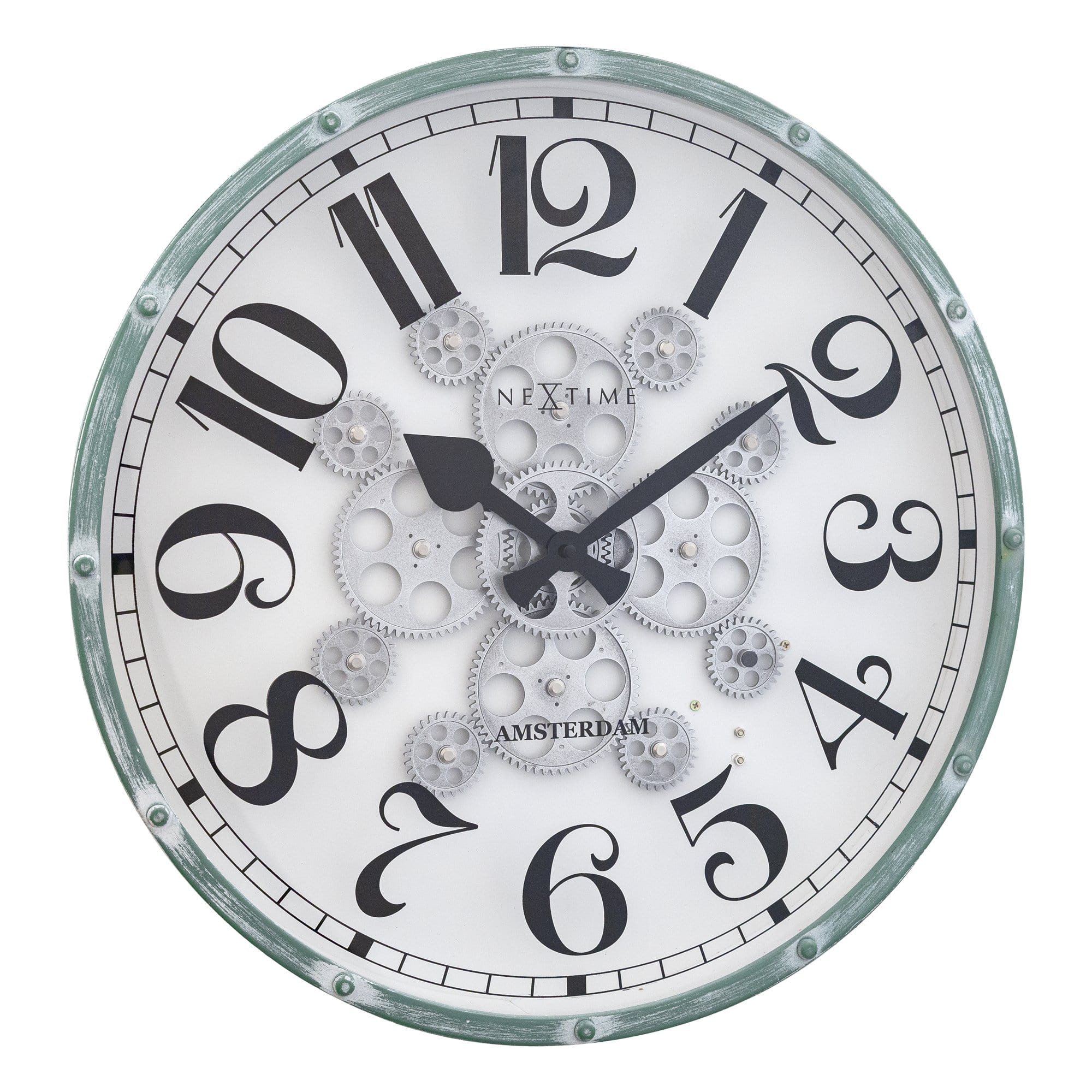 nextime-henry-wanduhr-mit-beweglichen-zahnr-dern-50-cm-vintage-gr-n image 1