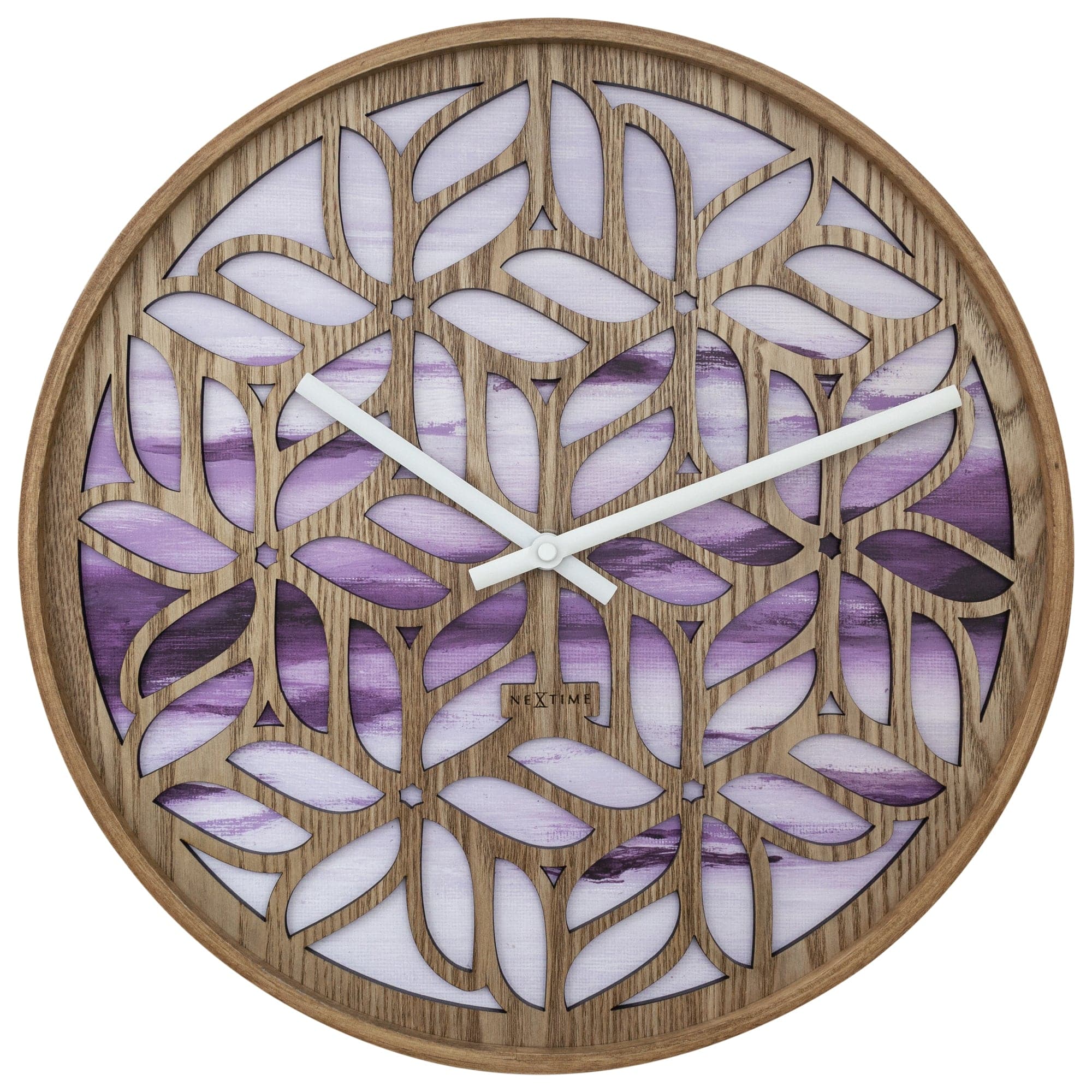 nextime-yogi-wanduhr-40-cm-lautlos-holz-lila-blumen-design image 1