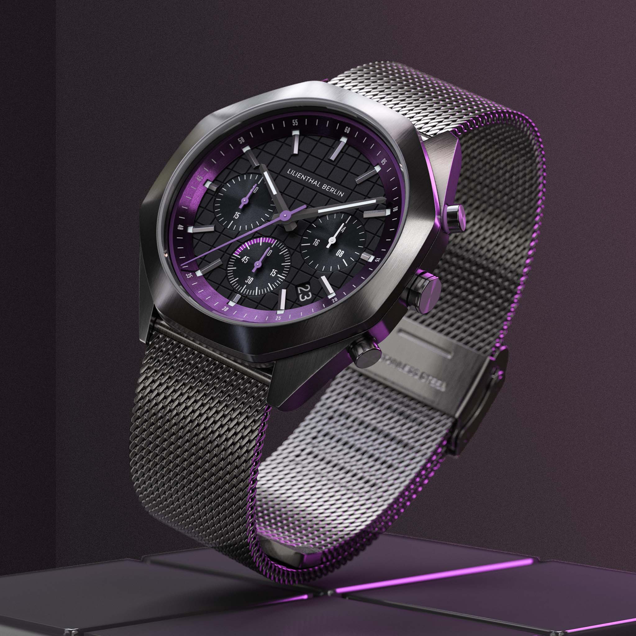 lilienthal-berlin-octachrono-chronograph-dark-silver-purple-mit-meshband image 3