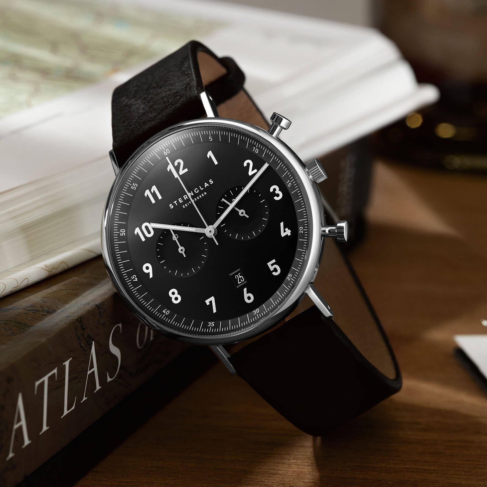 sternglas-chrono-herrenuhr-schwarz-43-mm-leder-saphirglas image 6