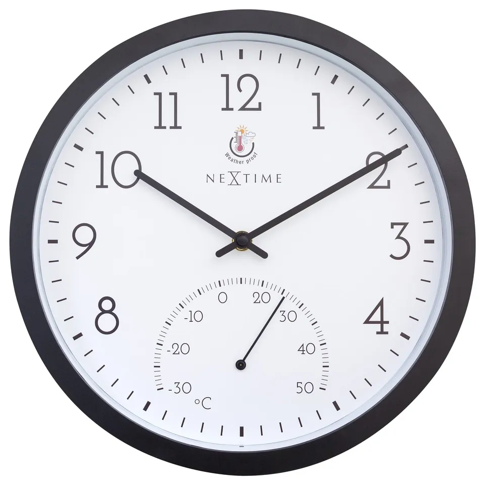nextime-marigold-outdoor-wanduhr-30-5-cm-mit-thermometer-schwarz-wei-wetterfest image 1