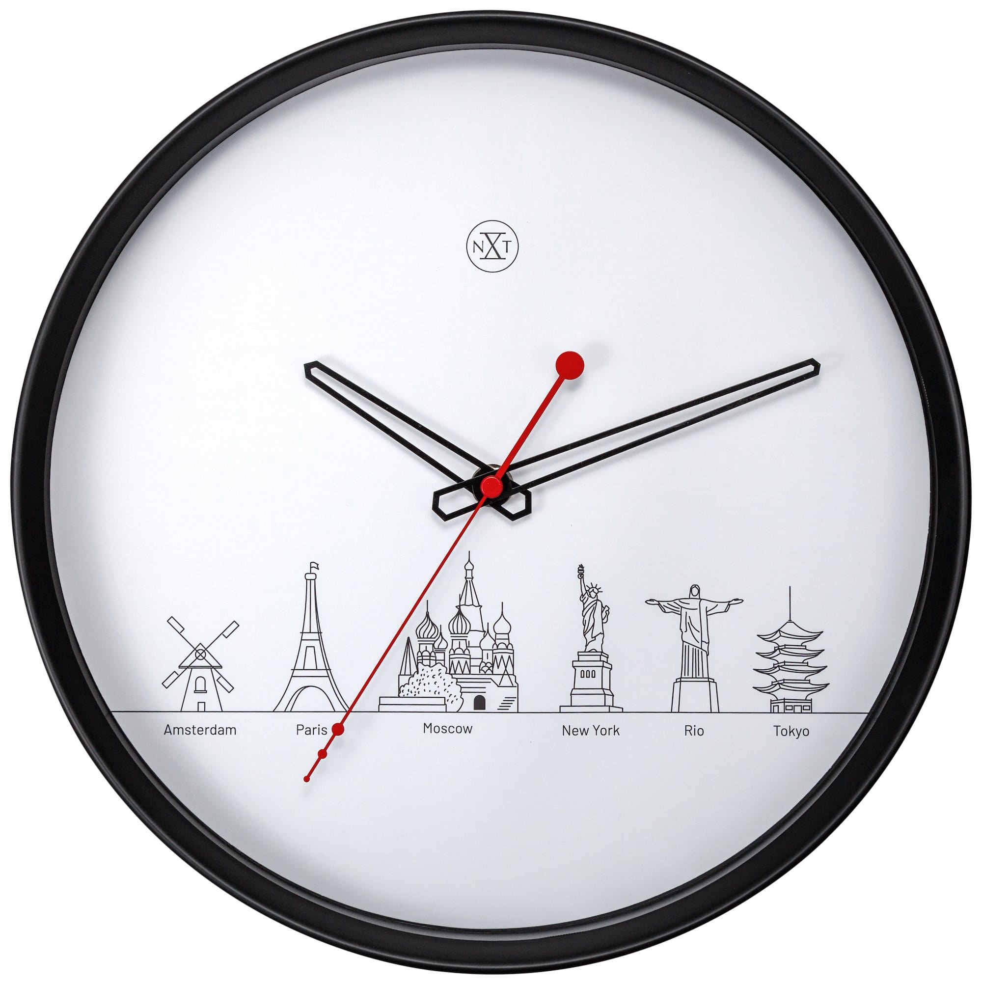 nextime-worldtour-wanduhr-30cm-kunststoff-schwarz-wei-lautlos image 1