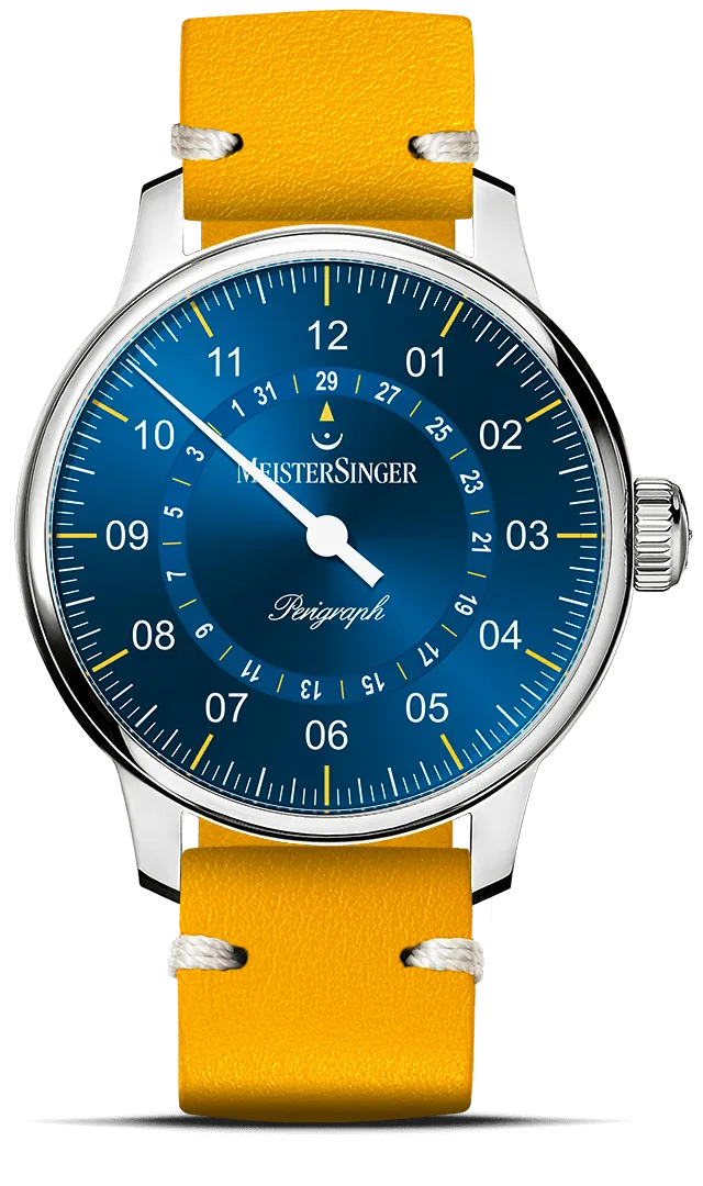 meistersinger-perigraph-einzeiger-armbanduhr-mittelblau-gelb image 1