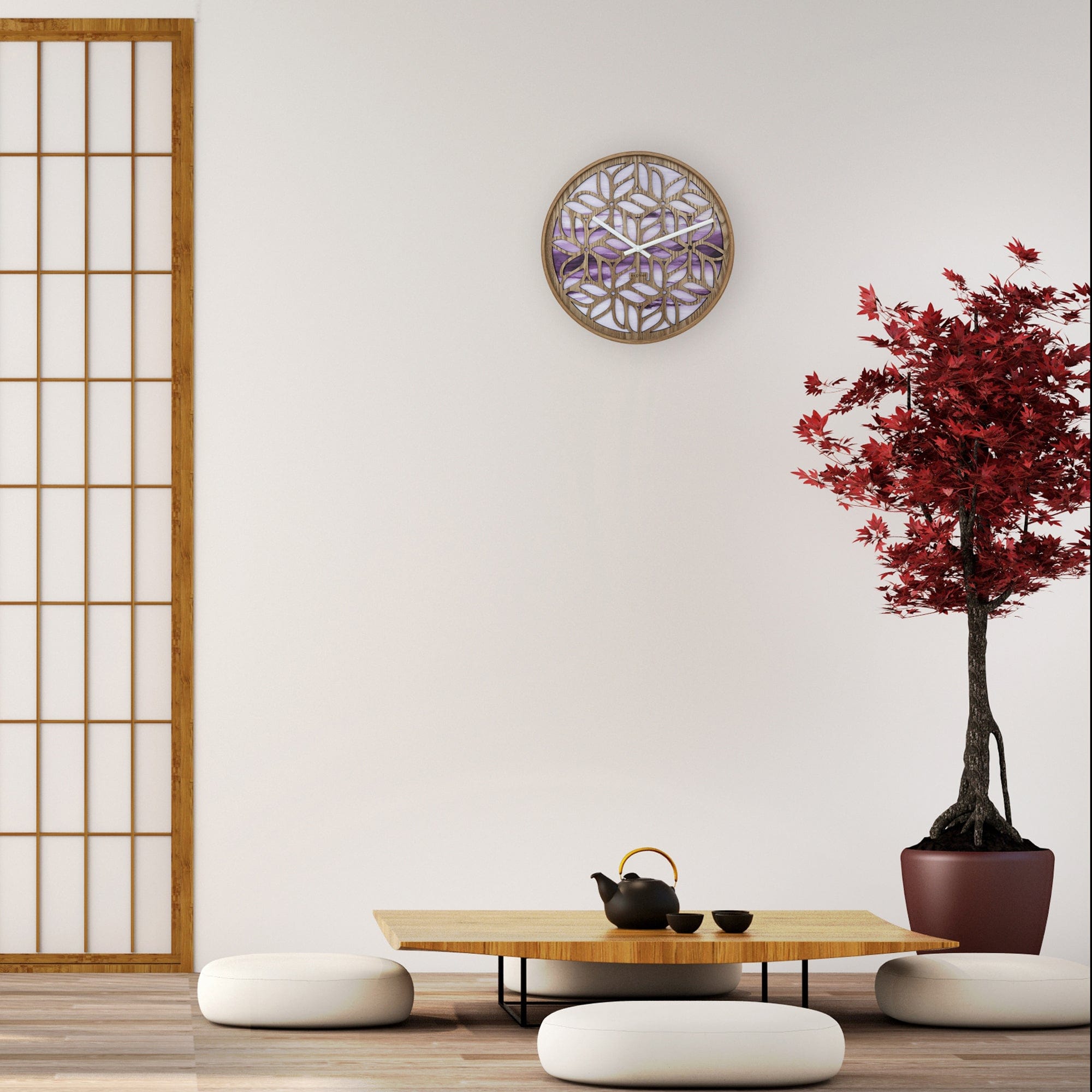 nextime-yogi-wanduhr-40-cm-lautlos-holz-lila-blumen-design image 8