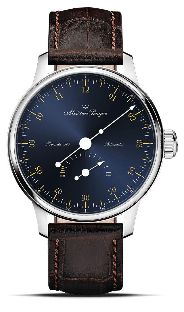 meistersinger-primatic-365-sonnenschliff-stahlblau-mit-gold-einzeiger-armbanduhr image 1