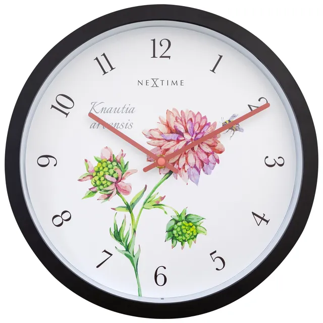 NeXtime Knautia Wetterfeste Outdoor Wanduhr 30,5 cm Schwarz mit Vintage-Blumen