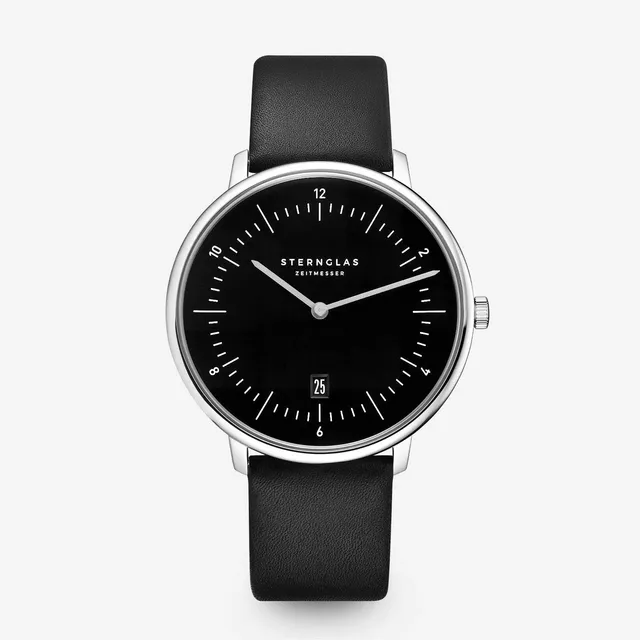 sternglas-naos-xl-herrenuhr-pianoschwarz-42-mm-leder-silber image 1