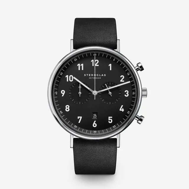 sternglas-chrono-herrenuhr-schwarz-43-mm-leder-saphirglas image 1