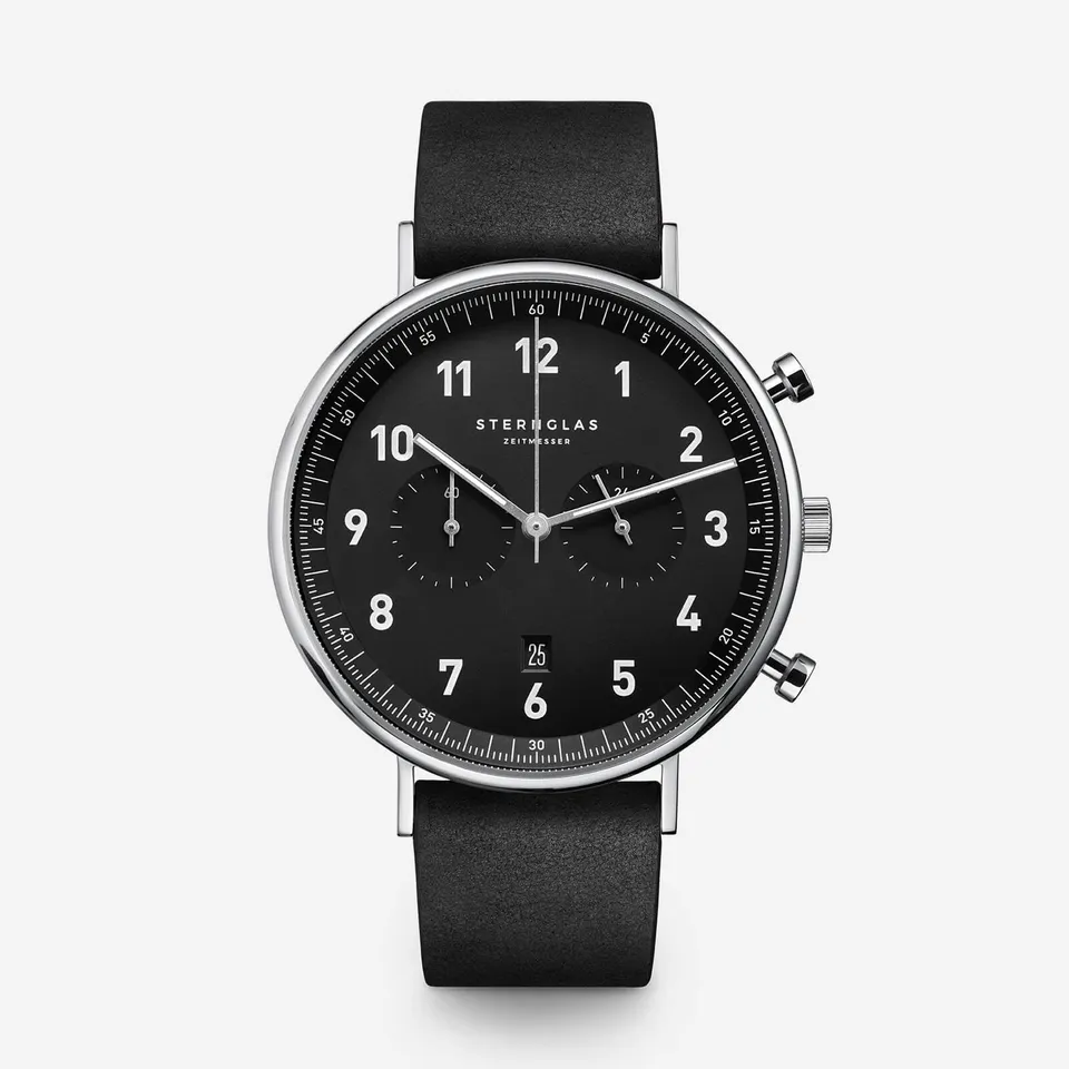 sternglas-chrono-herrenuhr-schwarz-43-mm-leder-saphirglas image 1