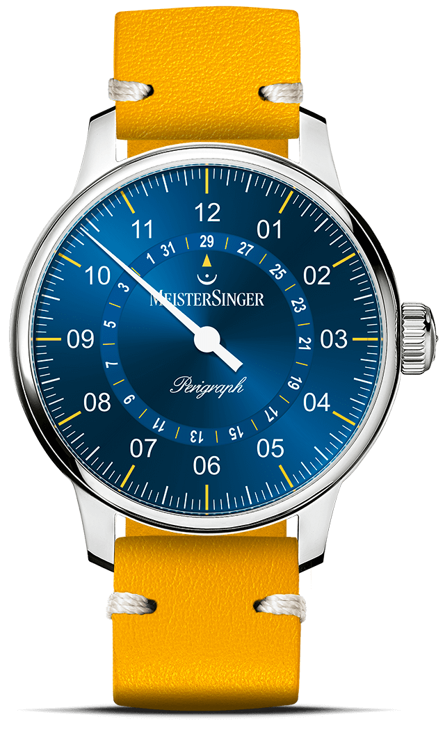 meistersinger-perigraph-einzeiger-armbanduhr-mittelblau-gelb image 1