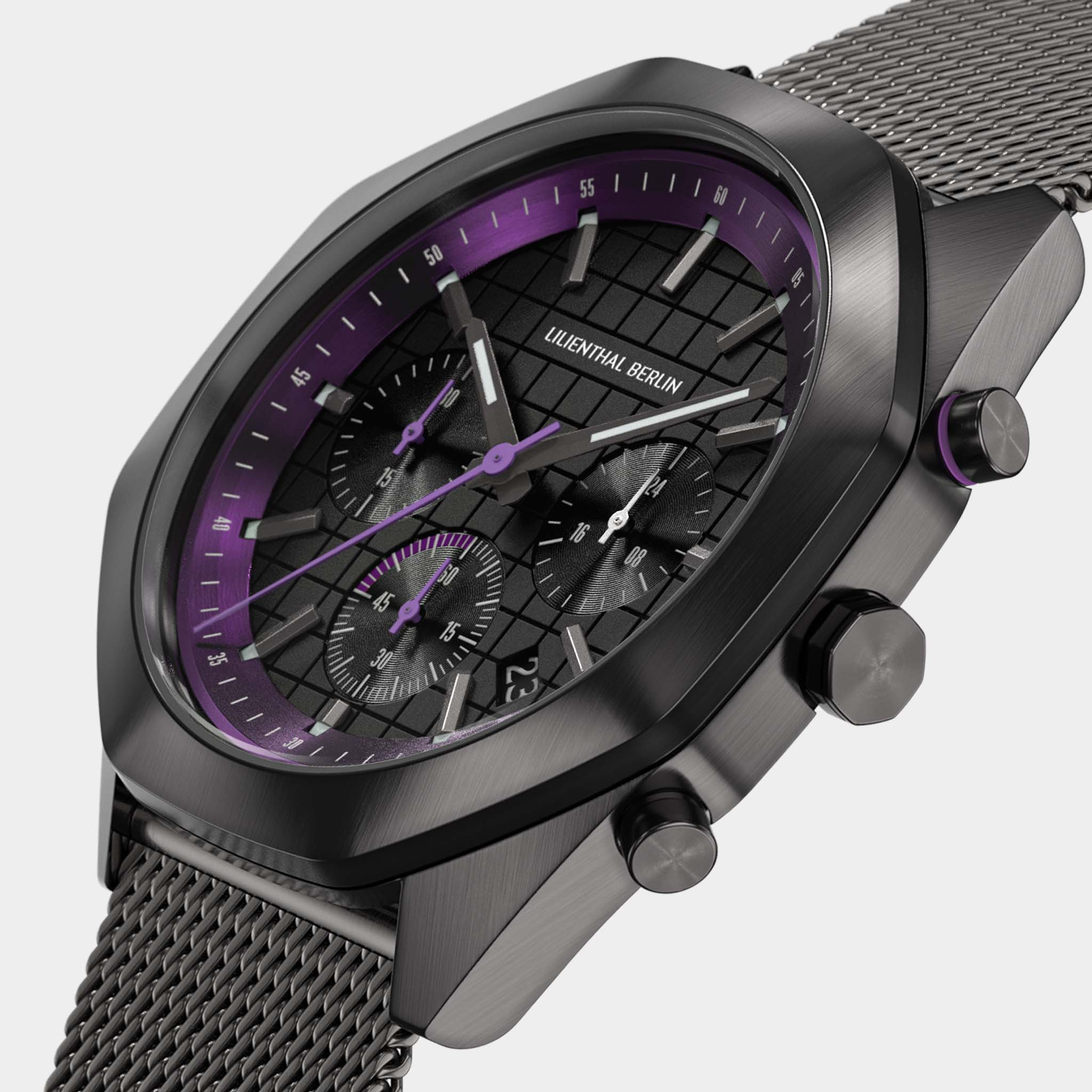 lilienthal-berlin-octachrono-chronograph-dark-silver-purple-mit-meshband image 2