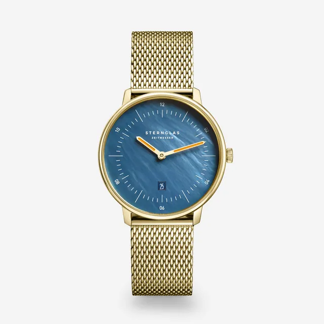 sternglas-naos-xs-edition-perlmutt-dunkelblau-33-mm-damenuhr-leder-gold image 1