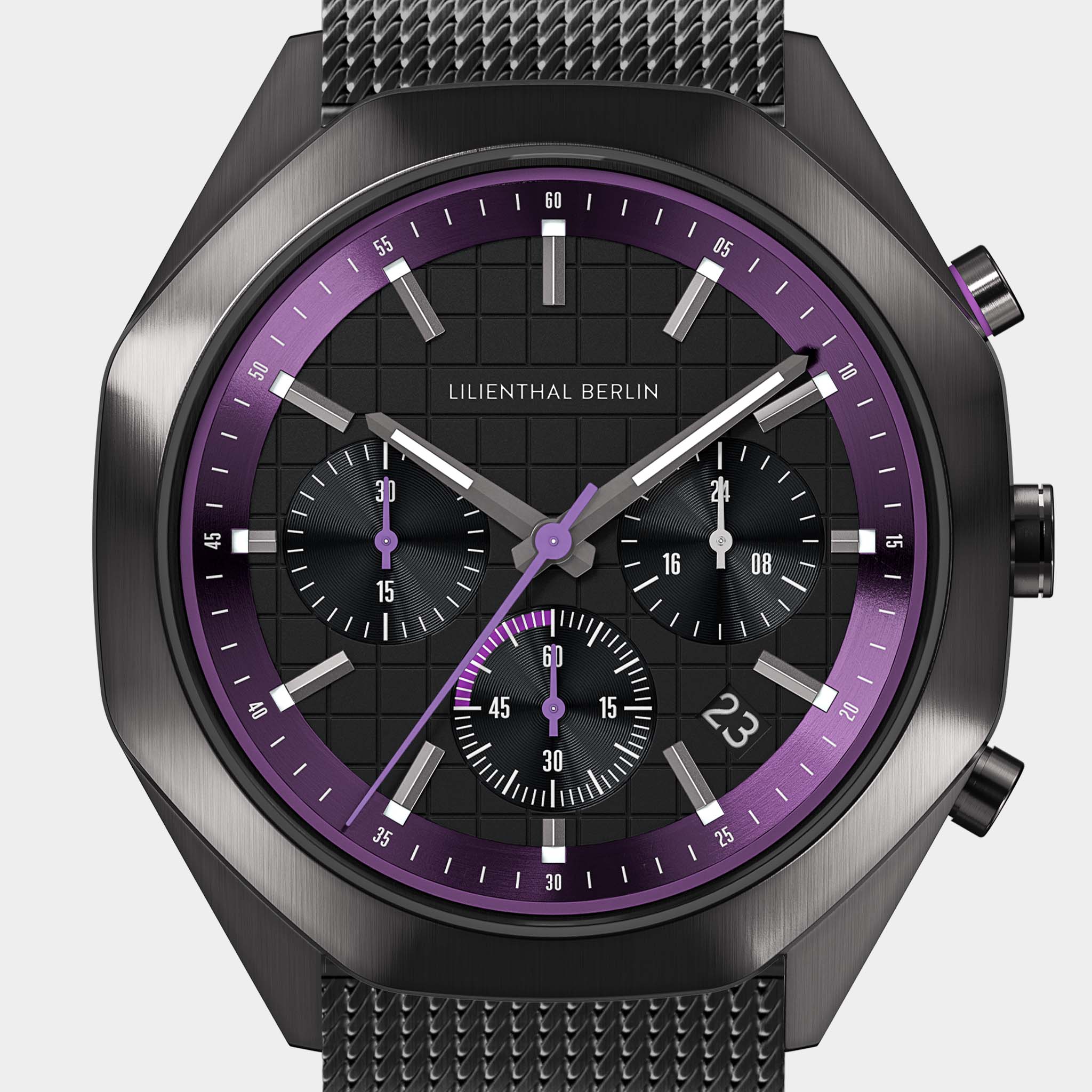 lilienthal-berlin-octachrono-chronograph-dark-silver-purple-mit-meshband image 7