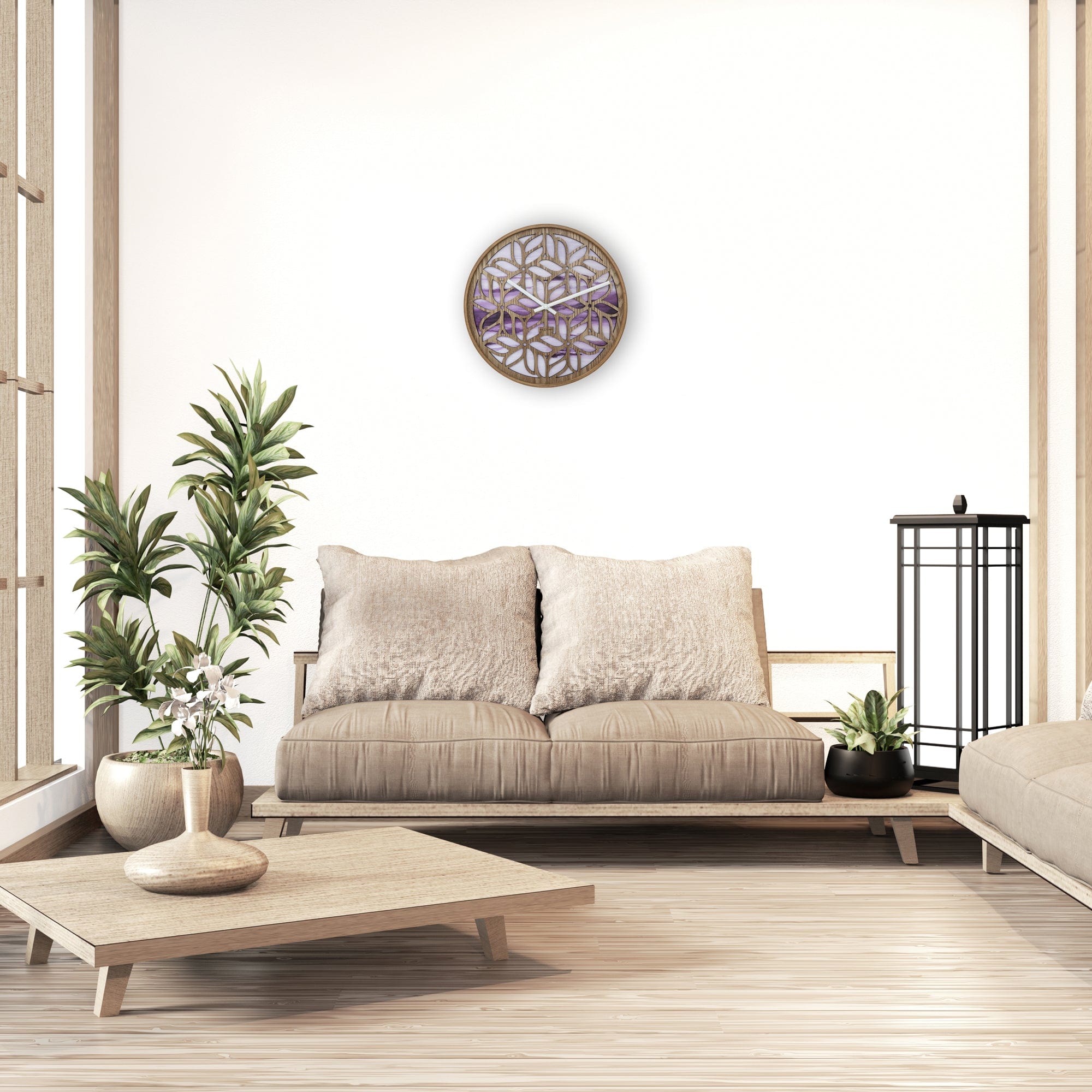 nextime-yogi-wanduhr-40-cm-lautlos-holz-lila-blumen-design image 5