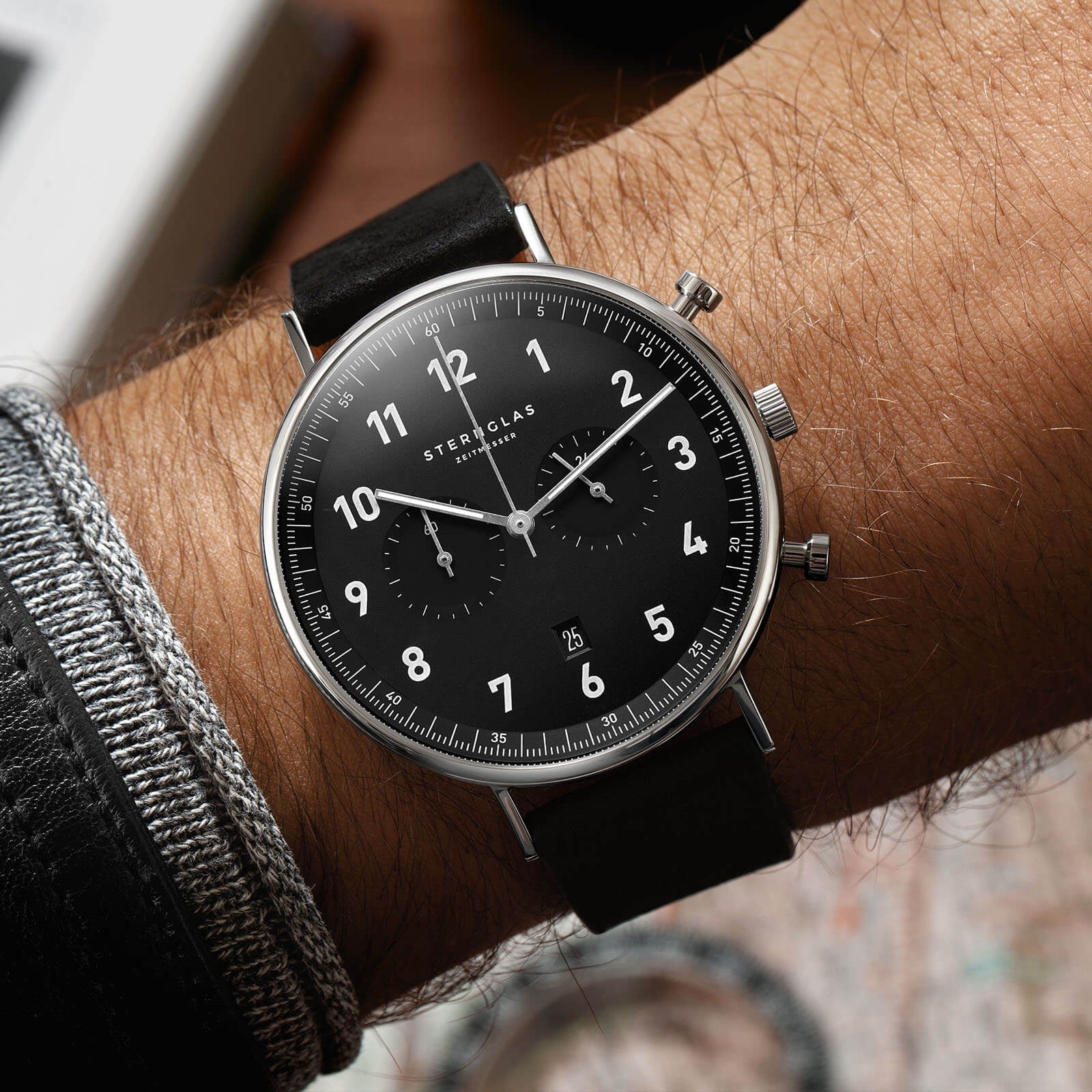 sternglas-chrono-herrenuhr-schwarz-43-mm-leder-saphirglas image 5