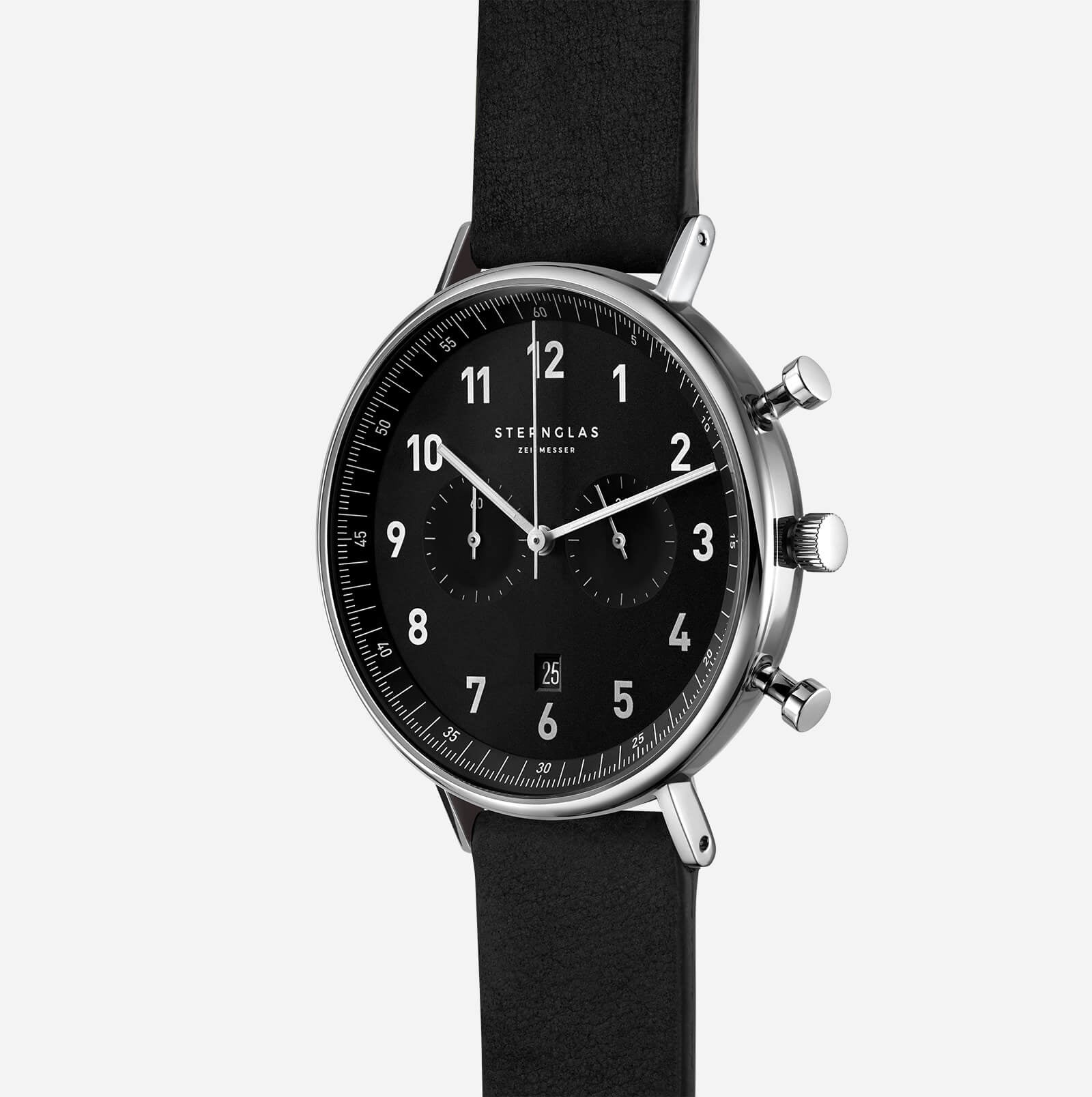 sternglas-chrono-herrenuhr-schwarz-43-mm-leder-saphirglas image 2