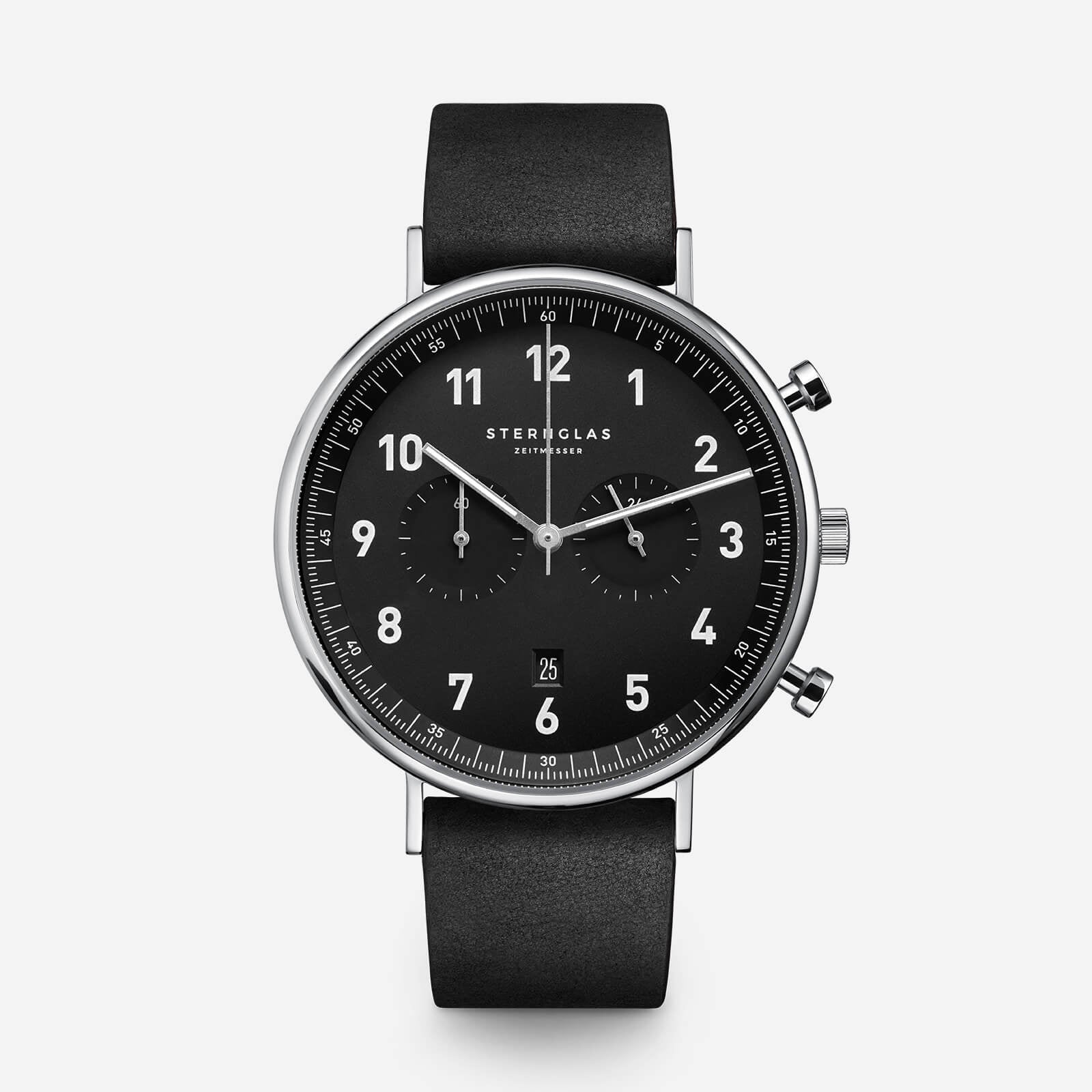 sternglas-chrono-herrenuhr-schwarz-43-mm-leder-saphirglas image 1