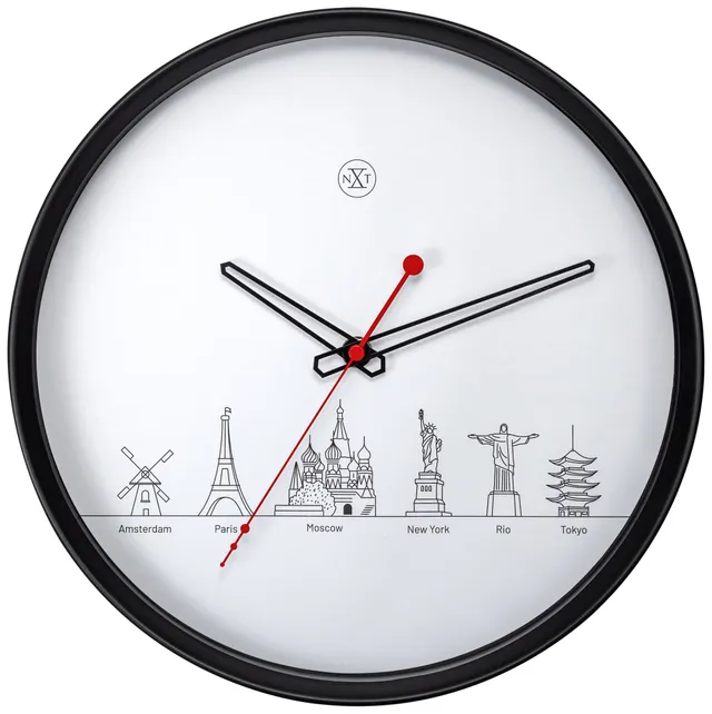 nextime-worldtour-wanduhr-30cm-kunststoff-schwarz-wei-lautlos image 1