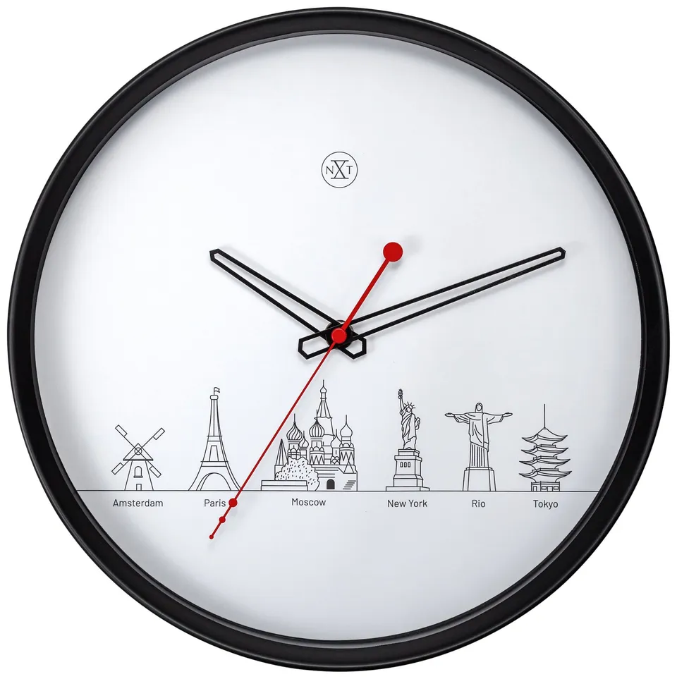 nextime-worldtour-wanduhr-30cm-kunststoff-schwarz-wei-lautlos image 1