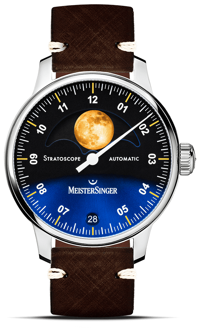 meistersinger-stratoscope-sonnenschliff-blau-mit-gold-einzeigeruhr image 1